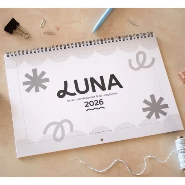 de luna familieplanner 2026 zwart wit met sfeer achtergrond