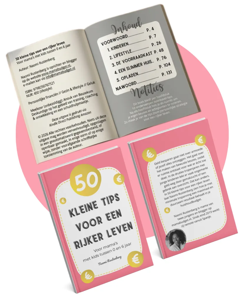 De binnenkant en de buitenkant van het roze geldboek of bespaarboek 50 kleine tips voor een rijker leven